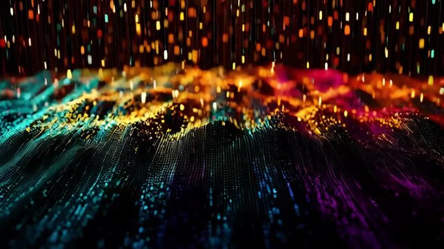 technology background, data visualization, abstract digital art, Abstract glowing data waves with falling light particles, futuristic digital technology background
