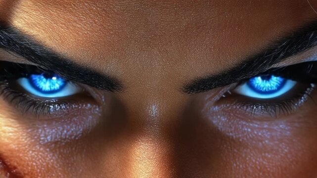 A close-up of a human face with piercing, glowing blue eyes. Dark eyebrows frame the eyes