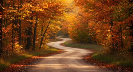 Obraz premium Winding country road through vibrant autumn forest. Sunlight streams illuminating the path