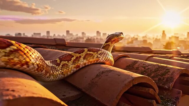 golden snake. A vibrant snake slithers across rooftop tiles at sunset, overlooking a sprawling city skyline illuminated by golden hues as day transitions to night
