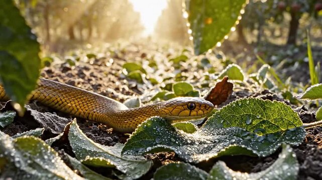 golden snake. A golden snake slithers through dew-covered foliage in a sunlit orchard, showcasing the delicate balance of nature in a serene environment