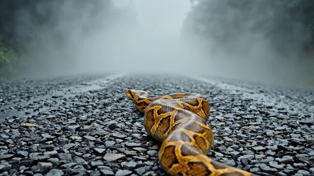 golden snake. A large, vibrant python lies across a gravel road shrouded in mist, creating a striking contrast between nature and the eerie atmosphere