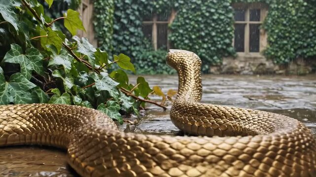 golden snake. A golden snake slithers elegantly across a rain-soaked stone pathway, surrounded by lush green ivy and a historic building in the background