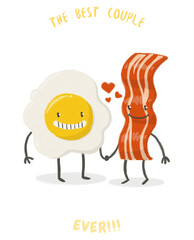 Anniversary Gift for Couple | Cute Cartoon Couple Love Art &ndash; Bacon and Egg Doodle | Kitchen Wall Decor, Matching Couple Gift, Foodie Love Illustration