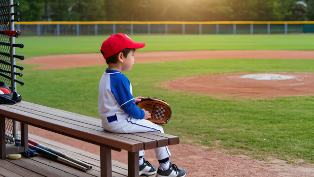 Young Little League Baseball Player in Uniform Sitting on Dugout Bench Looking at Empty Field