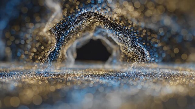 Abstract Glowing Particles Tunnel Entrance with Soft Light and Bokeh Effects