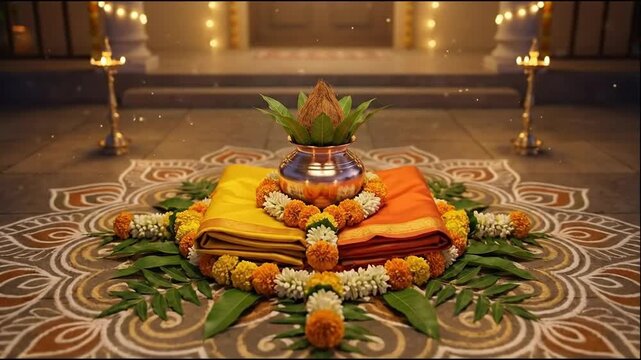 Warm, golden light illuminates a traditional gudi padwa kalash arrangement, featuring fabrics and marigold garlands centered on an intricate ugadi rangoli design.