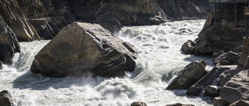 Powerful River Rapids Flowing Through Rocky Gorge in Mountainous Landscape.