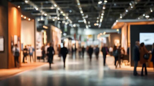 Blurred Exposition Hall: A captivating view of a bustling trade show or exhibition hall, rendered with a soft focus. Showcasing people mingling amidst the diverse displays and structures