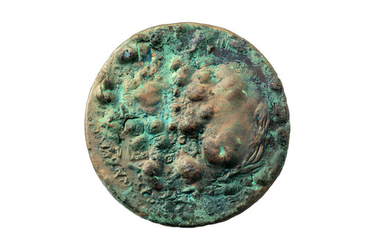 Corroded copper coin with green patina, isolated on transparent background