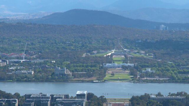 Aerial View of Parliament House and Lake Burley Griffin in Canberra