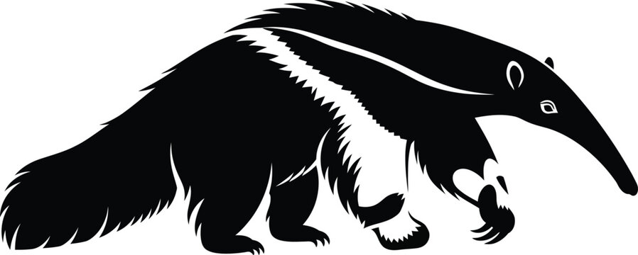 A striking black and white vector illustration of a giant anteater walking with its distinctive long snout and bushy tail, perfect for educational and wildlife content