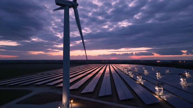 Hybrid Renewable Energy Power Station. Rotating Wind Turbine and Massive Solar Panel Array Reflecting Dramatic Sunset Sky 4k video animation seamless loop
