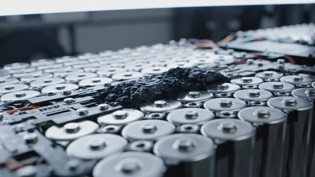 Closeup Industrial Battery Cell Assembly Line Manufacturing.