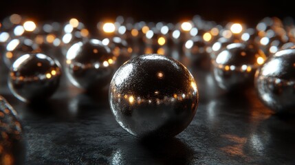 A collection of small perfectly formed metallic spheres with bright reflections and bokeh lights in the background