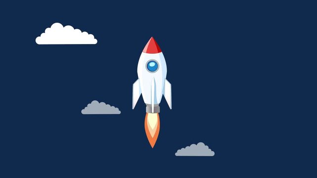 Animation rocket launcher start up with Cartoon and 2D  style  shuttle flying up through cloudy sky. suitable of  Success concept ,innovation and Business Plan. alpha channel only 4k
