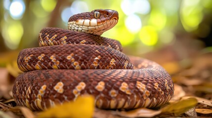 Obraz premium A South American rattlesnake coils defensively its patterned body and head prominent in a natural green and yellow bokeh background