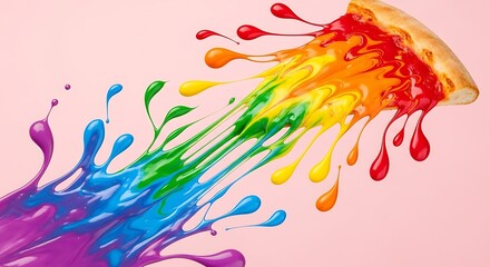 Fototapeta premium Vibrant Explosion of Colorful Paint Splashes Around Slice of Pepperoni Pizza