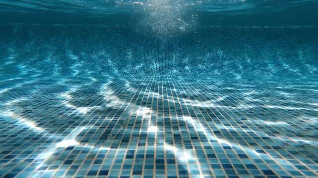 Underwater View Of A Swimming Pool With Blue Tiles And Sunlight Refractions Creating Rippling Patterns On The Surface