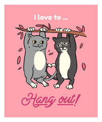 Couples Gift Idea Cute Cartoon Cats | Adorable Cat Couple Illustration for Valentine Friends Decor, Cat Lovers Wall Art, Cute Animal Artwork