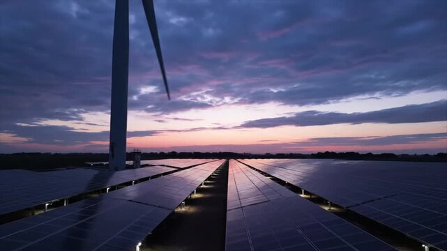 Solar Panel Field and Wind Turbine Generating Renewable Energy at Sunset Twilight. Sustainable Power Station Aerial View 4k video animation seamless loop