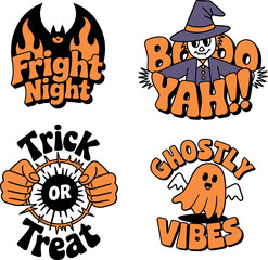 Vintage halloween cartoon stickers collection featuring fright night and ghostly vibes characters