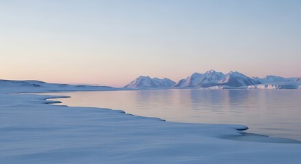 Serene snowy landscape with majestic mountains at sunset