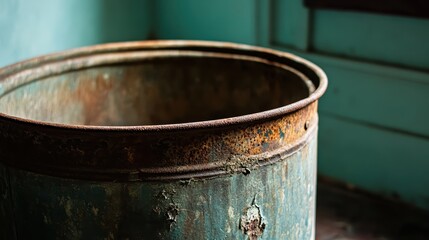 Fototapeta premium Close up of a tattered and faded metal barrel with visible rust spots and peeling paint