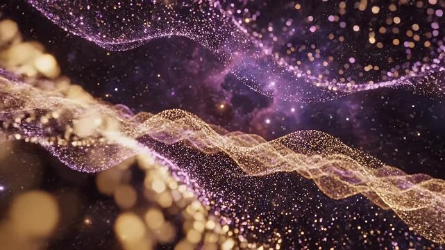 Abstract Cosmic Dance Of Golden And Purple Particles Evoking Nebula And Stardust In Deep Space With Soft Bokeh Lights