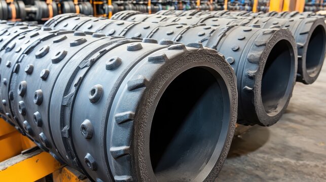 Close up texture of industrial rubber seals on manufactured cylindrical components in a factory production line