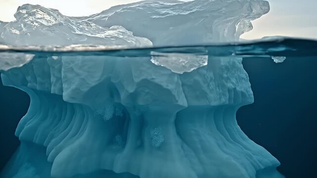 Massive Iceberg Submerged Under Deep Blue Ocean Water With Sunlight Shining Above the Surface During Daytime