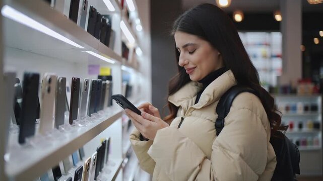 Woman comparing smartphone models in a store