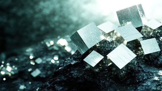 Collection of naturally occurring pyrite crystals showcasing metallic luster and geometric cubic structures on a dark rock matrix