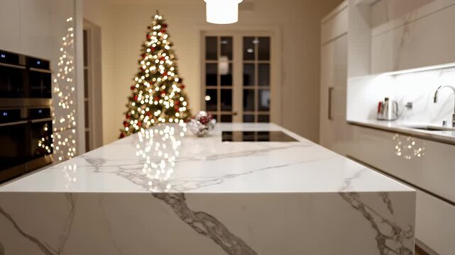 Modern White Kitchen Decorated For Christmas With Decorated Tree And Twinkling Lights
