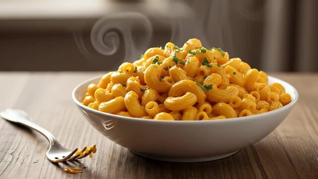Steaming Macaroni and Cheese in White Bowl on Wooden Table with Fork by Window