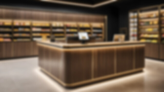 Blurred background of Luxury supermarket cashier desk with wooden panels and brushed metal accents, premium materials and refined details, high-end retail background, evening, warm accent lighting.