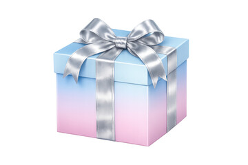 Obraz premium Gift box with a light blue to pink gradient surface, tied with a silver ribbon and bow, celebrating special occasions