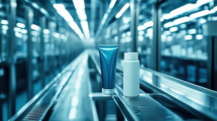 Obraz premium Personal hygiene care products in blue tubes and white bottles are carefully assembled on a modern manufacturing production line