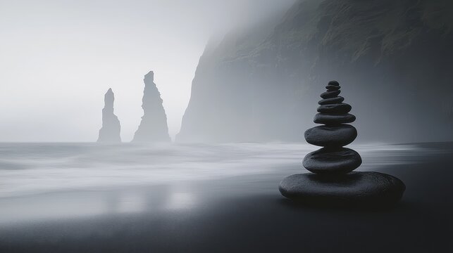 Perfectly balanced stack of dark smooth volcanic stones resting on a misty grey beach with dramatic rock formations in the background