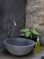 luxury outdoor sink area with natural stone wall and green plants in a hotel