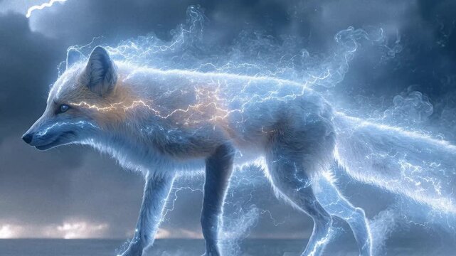 Digital art depicting a gray wolf standing on hind legs, glowing with ethereal blue light and surrounded by sparks and lightning Set against dark background suggesting nighttime or sto - AI-Generated