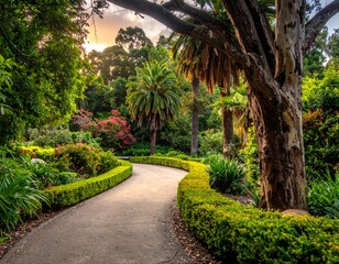 Fototapeta premium Winding path through lush botanical gardens with vibrant foliage and dappled sunlight