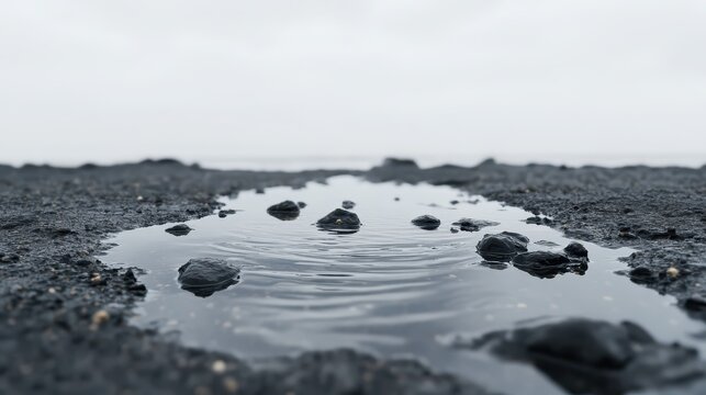 Ripples in a shallow puddle reflecting a vast unbroken sky with dark stones on the ground