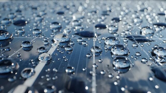 Close Up Of Water Droplets On Solar Panel Surface With Reflection Of Cloudy Sky Blue And White Colors