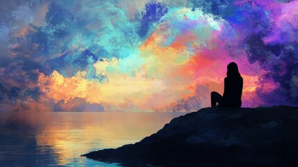 A lone silhouette of a woman sitting on a cliff overlooking a body of water with a colorful sky in the background.