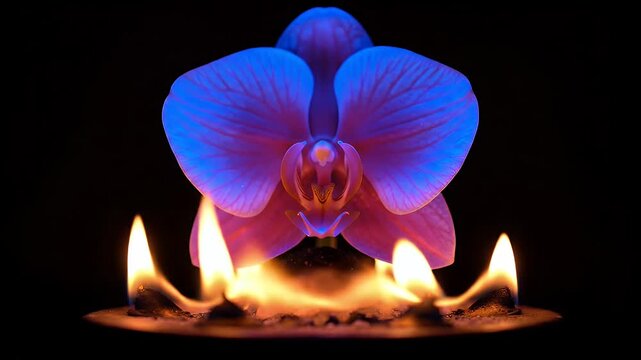 Luminous Orchid with Flames - A close-up shot shows a vibrant orchid with blue and pink petals glowing against a black background.