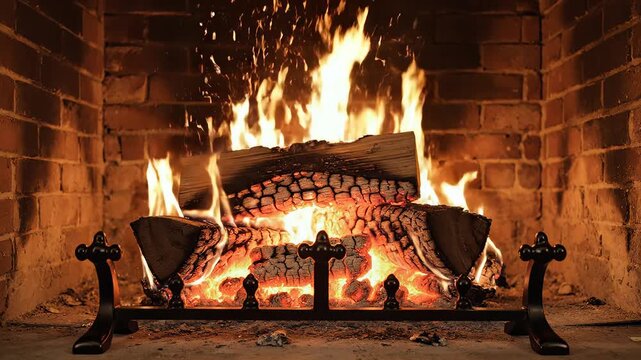 Burning logs in a brick fireplace
