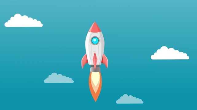 Rocket  launch animation 2d Cartoon  style shuttle flying up through cloudy sky suitable Success concept rocket launcher start up, Business Plan  and innovation. Alpha channel only 4k. 