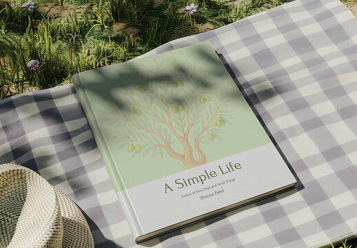 Book Mockup Resting On Checkered Blanket PSD