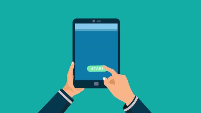 Animated hand holding tablet, then click on button and rocket start, launch and cartoon style 2d, suitable business presentation  ,startup growth and success. alpha channel only 4k